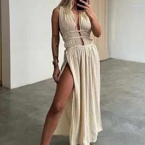 Casual Dresses Hollow Sleeveless Tie Up Women Dress Sexy Deep V High Waist Split Long Summer Cotton Linen Holiday