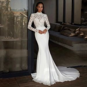 2204 Neues Meerjungfrau Hochzeitskleid hohe Nacken Langhärme Top Blume Spitze Satin Brautkleider Robe de Mariee Vestidos de noivas