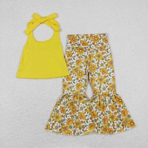 Set di abbigliamento per bambini all'ingrosso bambini fiore da bambino senza maniche pantaloni a campana dei pantaloni primaverili per bambini