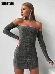 Vestidos casuais Shestyle Sparkle Shine Dress Sexy Women Cara Cara de Cara do ombro Slash pesco