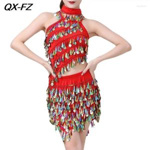 Stage Wear Sequins Latin Dance Dress Adults Female Sparkly Tassel Top Skirt Costume Set Women Rumba Cha Tango Performance Outfit