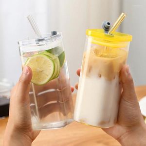 Wine Glasses 400ml Square Glass Cup With Lid And Straw Clear Milk Tea Juice Coffee Mug Heat Resistant Water Home Bar Drinkware