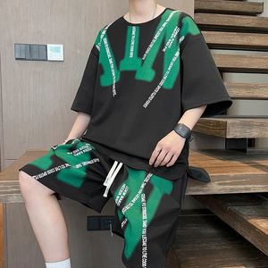 Summer Men Loose Shorts Set 2024 Korean Casual 2 Piece Fashion Y2K Clothing Brand Streetwear Tracksuit kläder 240419