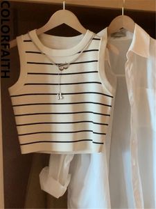 Colorfaith Basic Bositing Striped Chain Elasticity Vest Tank Camis Autumn Winter Wild Crop Short Tops V3420DG 240419