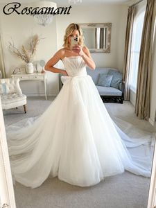 Glitter Crystal Strapless Wedding Dresses A-Line High Split Pleat Bridal Gowns Robe De Mariee