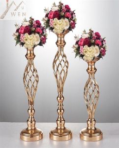 10st Gold Flower Vases Candle Holders Rack Stands Wedding Decoration Road Table Centerpiece Pillar Party Event Candlestick Y3246665