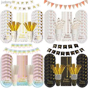 Disposable Plastic Tableware Birthday party disposable tableware set in white black gold cardboard cups napkins birthday decorations WX