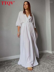 Casual Dresses Dressesqvcasual White V-Neck Womens Elegant Three Quarter Sleeve High Maisted Fashion Loose Floor Length Dress