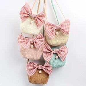 Fashion Summer Children Girls Shoulder Bag Beautiful Bowknot Straw Messenger Kids Keys Coin Purse Cute Princess Mini Handbag 240425