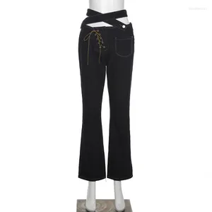 Kvinnors jeans Autumn and Winter Women's Street Fashion Cross-knapp Lace-Up Hollow midja bred lös lång med bred ben Casual 2024