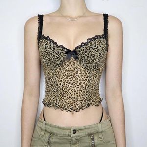 Kvinnors tankar Leopard Bow Lace Patchwork Tank Top Women Fashion Slim Sexig Camis ärmlösa grödor