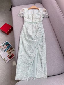 2024 Summer Green Floral Lace Panel Split Dress Short Sleeve Square Neck Buttons Midi Casual Dresses J4A261645