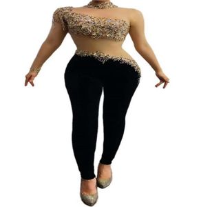 V49 sexy Frauen sehen durch Strasssteine Bodysuit Stretch Crystal Mesh Black Jumpsuit Bar Perform Sänger Leotard Strumpfhosen Proom DJ Par5554692