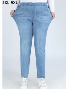 Jeans femininos Slim Fit Women 140kg Oversized Plus Tamanho 7xl 8xl 9xl calça jeans fêmea de altura do tornozelo de tornozelo