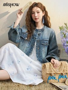 MISHOW Retro Round Neck Short Denim Jacket for Women Spring Single Breasted Widewaisted Pockets Casual Coat MXD12W0289 240423