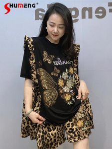 Kvinnors träningsdräkter modekläder 2024 Summer Chiffon Suit Rhinestone Leopard Print Kort ärm shorts över storlek tvådelar