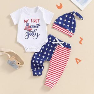 Kleidungssets Citgeesummer Independence Day Infant Baby Jungen Outfit Brief Druck Kurzärmelen Strampler und elastische Sternstreifenhosen Hut Set Set