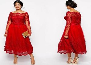 2019 Newest Plus Size Red Lace Evening Dresses Long Sleeves Bateau Neck Tea Length Women Formal Party Gown Elegant3510765