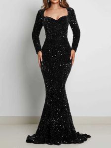 Runway Dresses Long Slve Padded Sequin Maxi Dress Floor Length Sparkle Stretch V Neck Mermaid Formal Evening Night Party Gown Royal Blue Y240426