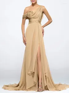 Partykleider Meerjungfrau Langes Abendkleid eine Schulterhaube Rücken ärmellose Sweep Zug Chiffon Hochzeit Gast Formal mit Schlitz