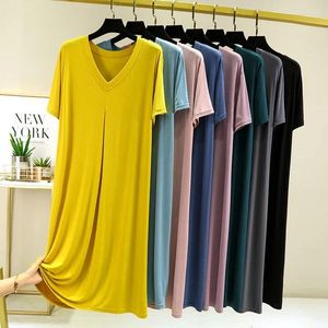 Women's Sleepwear Modal Cotton Short Sleeved Nightdress For Summer Casual Home V-neck Pleated Oversized Loose Hem Mid-Long Dress