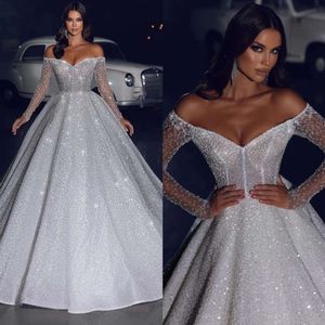 For Wedding Crystal Vintage Dress Gown Ball Bride Off Shoulder Wedding Dresses Long Sleeves Ruffle Designer Bridal Gowns es s