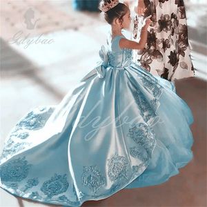 Flower Girl Dress with Beading for Kids Long Girls Birthday Dresses Lace Up Back Satin Clothes Pageant Gown 240428