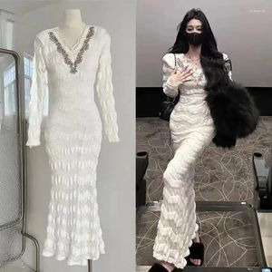Casual Dresses Fashion Diamonds V Neck Long Sleeve Mermaid Dress Elegant Spring Lace Patchwork Velvet White Bodycon Prom Party Clothes