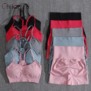 Women's Tracksuits CHRLEISURE Set Outfits for Women Seamless Padded Bra Suit Gym High Waist Cycling Thr-Point Shorts Summer Fitness Set Y240426