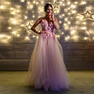 Party Dresses Sweet Pink Spaghetti Strap Rose Dress Light Floral Long Tulle A-line Evening Elegant Beaded Prom