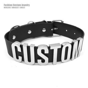 Black Goth Belt PU Customized Letters Choker Necklace Punk Sexy Men Women Personalized Collars Buckle Chocker Cosplay Jewelry 240430