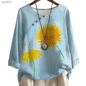 Women's T-Shirt CLOOCL Womens T-shirt New Summer Casual Dandelion Print Loose T-shirt Round Neck Long sleeved Shirt Top S-5XLWX