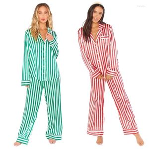 Women's Sleepwear 2024 Women 2 Pieces Christmas Striped Long Sleeve Button Shirts And Pants Imitation Silk Pajamas Set Home