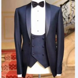 Men's Suits & Blazers Brand Groomsmen Navy Blue Groom Tuxedos Shawl Satin Lapel Men Wedding Man 3 Pieces Jacket Pants Vest Tie C812 3137