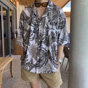 Camisas casuais masculinas de verão impressão retro havaiana praia floral camisa de colarinho de colarinho de mangas curtas roupas masculinas