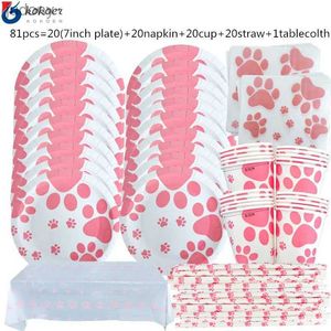 Einweg -Plastik -Tischgeschirr 1 Set von Pink Dog Girl Birthday Party Supplies Hundepfoten bedruckte Brettbecher Servietten Ballons Alles Gute zum Geburtstag Banners Kuchen Top Dekoration WX