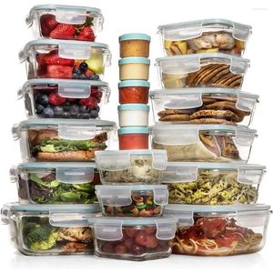 Storage Bottles Lids - Meal Prep Airtight Glass Bento Boxes BPA-Free Leak Proof (15 15 & 5 Plastic Sauce/Dip Containers)