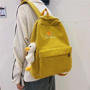 Backpack Preppy School Bag For Teenage Girl Soft Fabric Corduroy Design Embroidery Large Capacity Travel With Duckling Doll