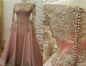 New Pink Evening Dresses For Women Wear Jewel Neck Long Sleeves Lace Appliques Crystal Bling Beaded Plus Size Prom Dresses Party G4019903