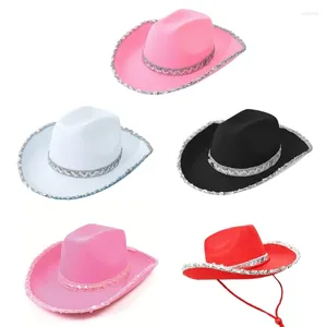 Berets Western Well Cowgirl Hat с блестками Brim Wedding Warter для взрослых повседневных