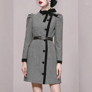 Vestidos casuais 2024 Autumn Winter Houndstooth A Line Dress Fashion Women Women Colar Tweed Tweed Plaid Single Ladies Office Office Belt vestidos