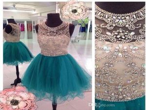 2016 New Short Homecoming Dresses Jewel Neck Hunter Teal Tulle Crystal Beaded Illusion Short Mini Party Graduation Formal Cocktail1871614