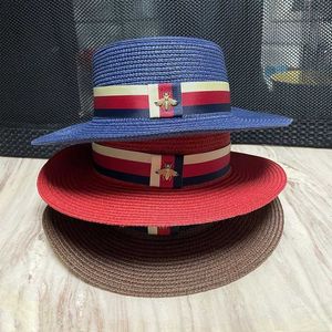 Wide Brim Hats Bucket Hats Summer Simple Striped Bee Handmade Flat Top Str Hat Panama Outdoor Beach Sunshade Hat 2024 Womens Hat J240429