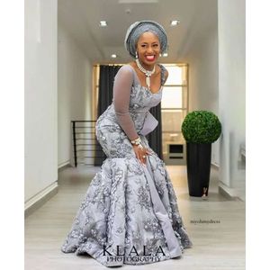 Aso Ebi African Mermaid Evening Dresses 2021 Sier Lace Long Sleeves Nigerian Style Plus Size Formal Prom Party Gown 0431
