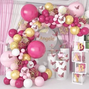 Pink Balloon Garland Arch Kit Butterfly Stickers Pink Gold Latex Balloons för födelsedagsbröllopsfest baby shower dekorationer 240429