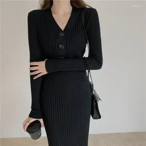 Casual Dresses Autumn Slim Fit Long Sleeve Korean Style Elegant Sticked Women Dress V Neck Button Solid Color Knitwears 30353