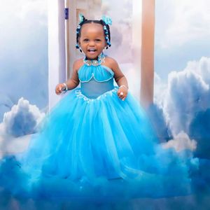 2024 Blue Flower Girl Dresses Halter Flowergirl Dress Girls Birthday Party Dress Rhinestones Tiered Tulle Queen Princess Klänningar för afrikanska svarta små flickor F131