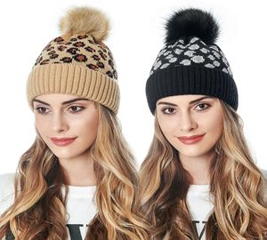 Pom pom poms chapéu de malha de gorros de leopardo elegante para mulheres chapéu de inverno quente fêmea gorro topquailty gota 7349412