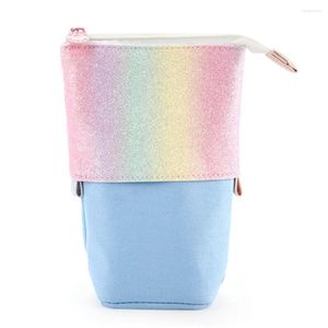 Pencil Case Standing Up Pouch Pen Holder For Students Office Women Teens Girls Boys(Rainbow Blue)