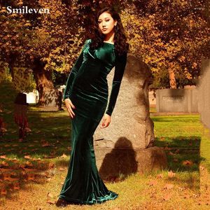 Party Dresses Smileven Dark Green Long Sleeves Velvet Evening Dress Mermaid Cut-Out Sweep Train Prom Gowns Simple Women